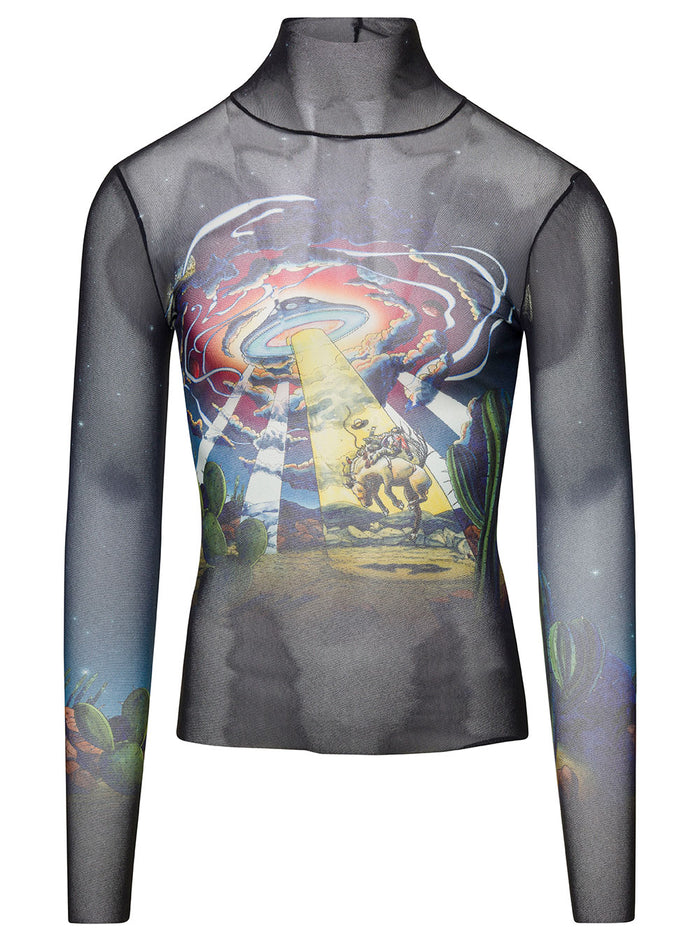 Black Long Sleeved Top With Graphic Print Mesh Man Blu Polyamide Jersey