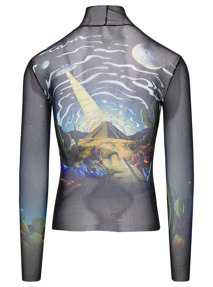 Black Long Sleeved Top With Graphic Print Mesh Man Blu Polyamide Jersey