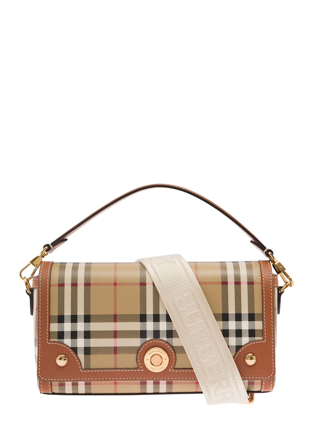 The Note Bag With All-Over Check Pattern Brown Leather Woman Beige Polyurethane Polyester Cotton Crossbody