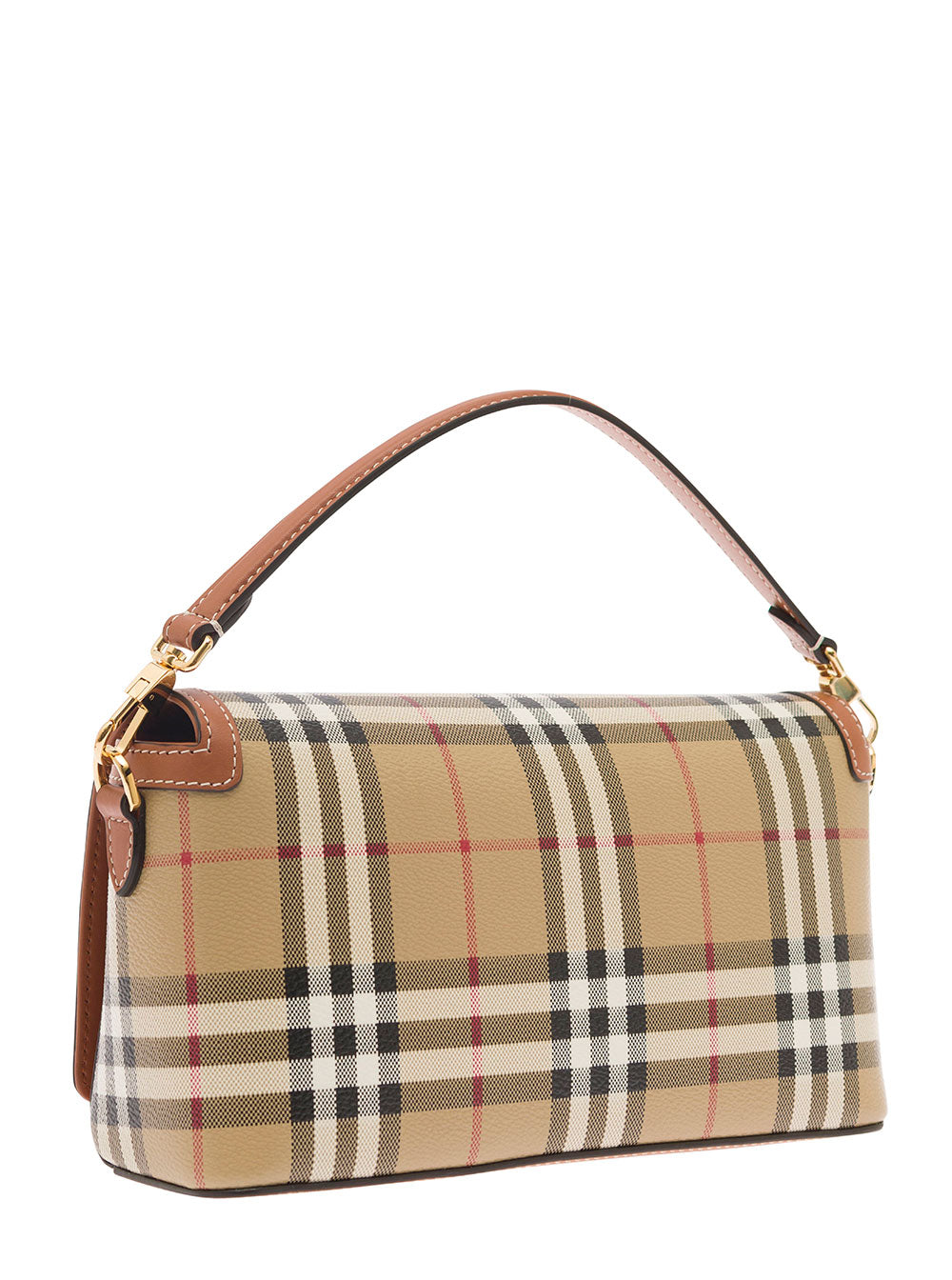 The Note Bag With All-Over Check Pattern Brown Leather Woman Beige Polyurethane Polyester Cotton Crossbody