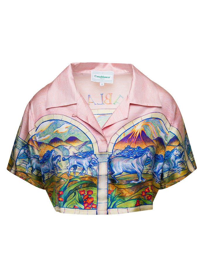 Cuban Collar Cropped Silk Short Sleeve Shirt And Blouses