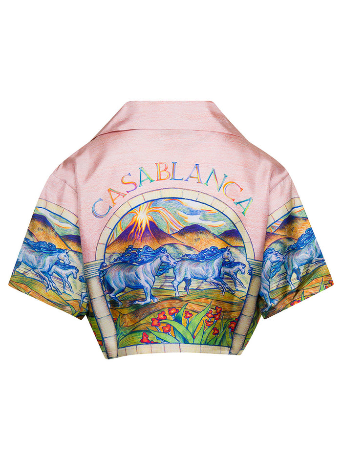 Cuban Collar Cropped Silk Short Sleeve Shirt And Blouses