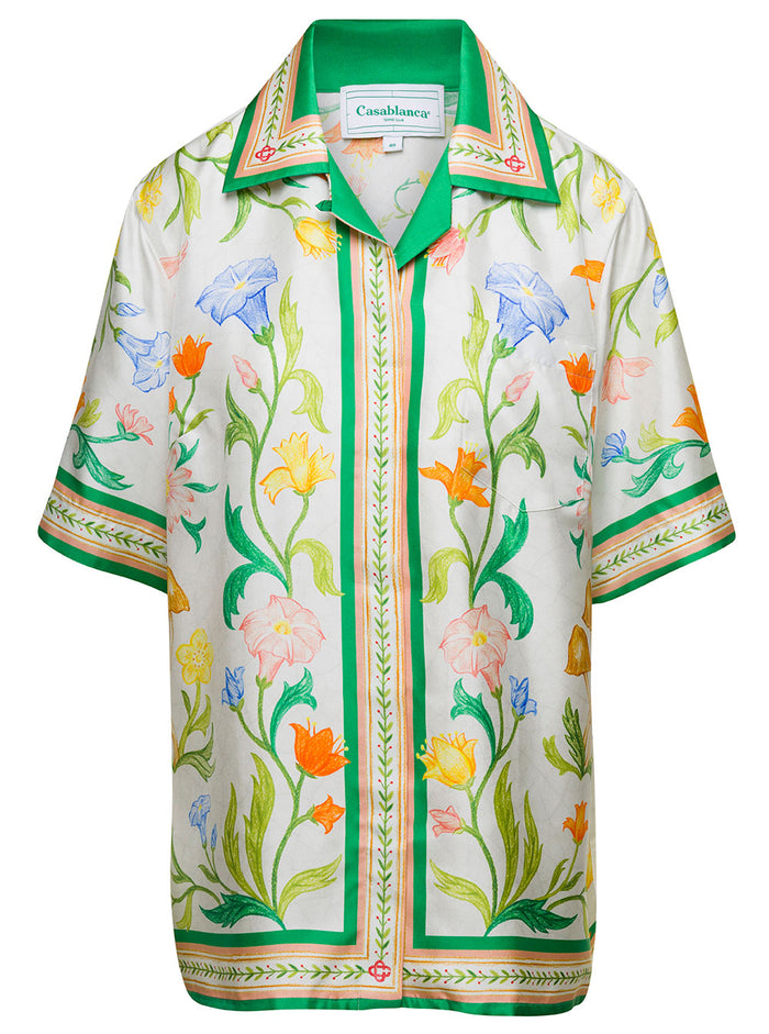 Multicolor Bowling Shirt With All-Over Floreal Print Silk Woman And Blouses