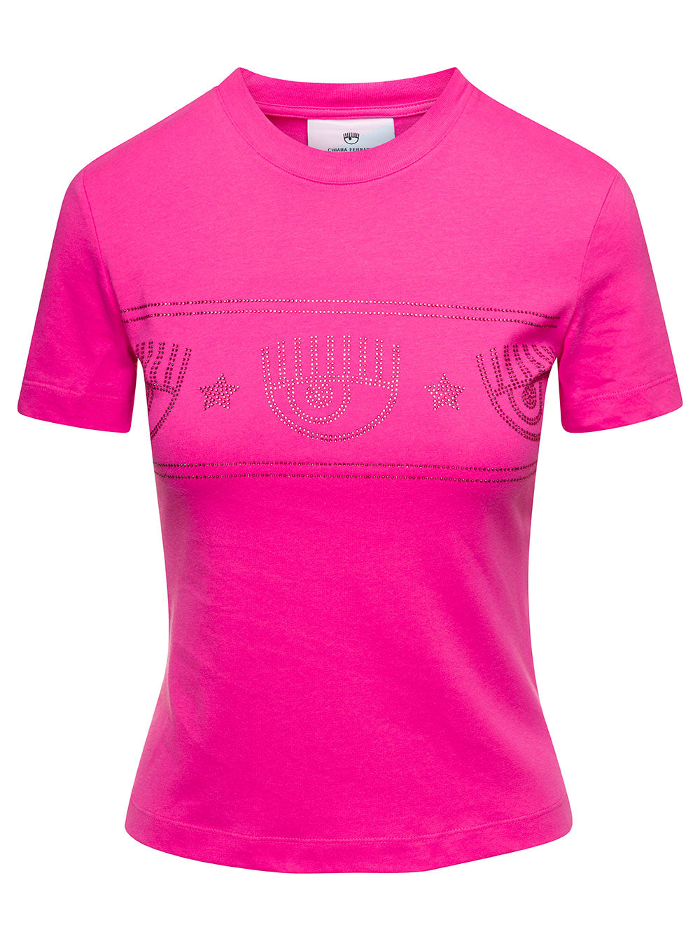 Fuchsia T-Shirt With Rhinestone Logo Detail Cotton Woman Fuxia Tshirts And Polo Shirts