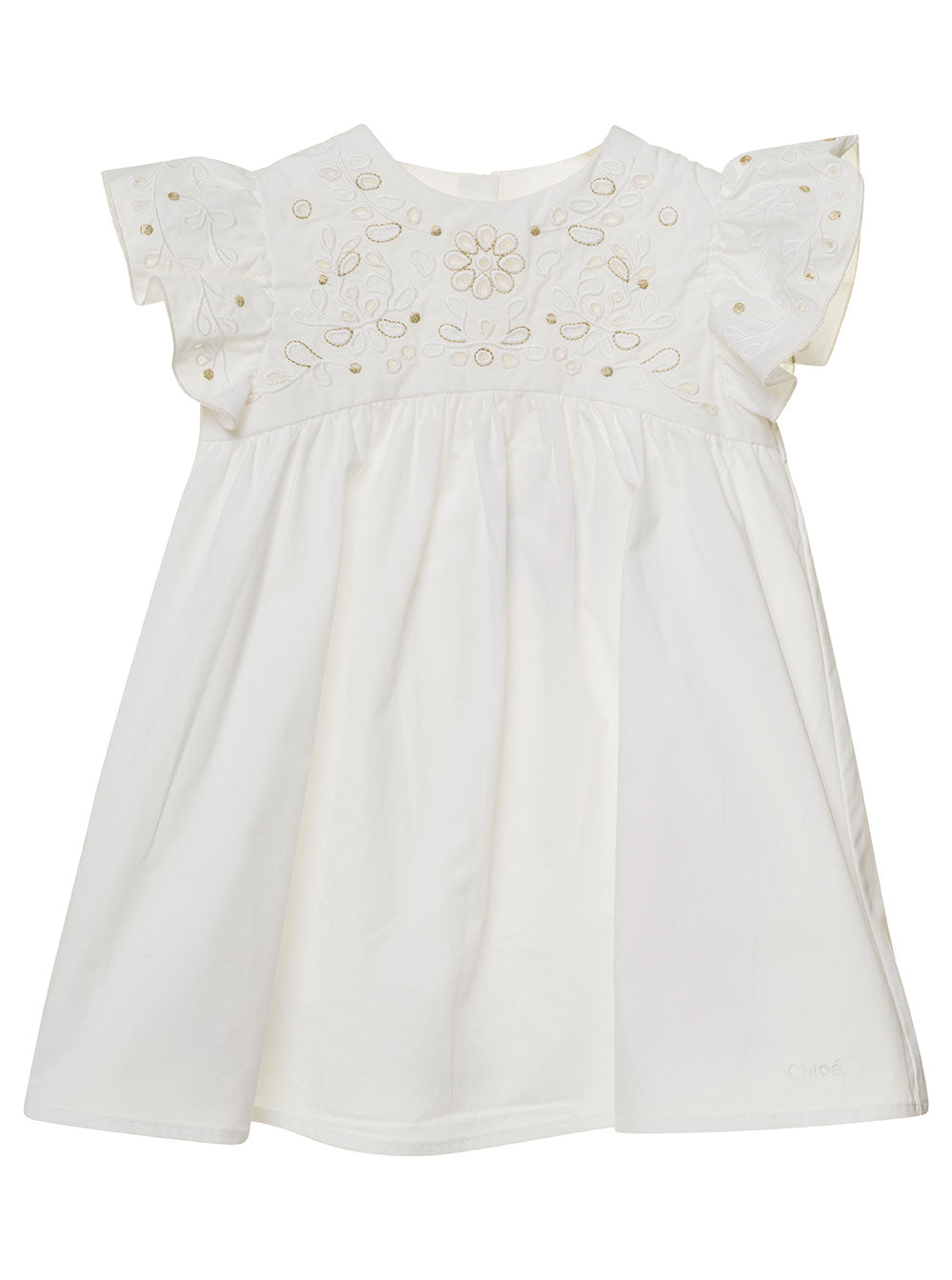 White Flared Dress With Floreal Embroidery Cotton Baby