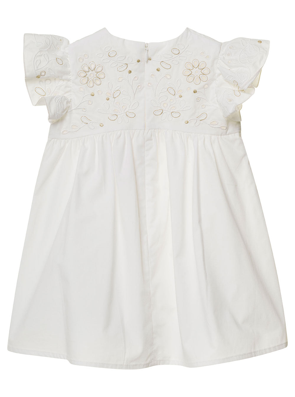 White Flared Dress With Floreal Embroidery Cotton Baby