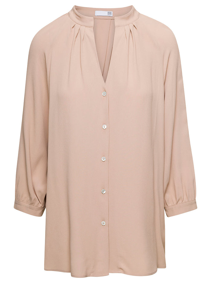 Beige Shirt With Mandarin Collar Silk Blend Woman Acetate And Blouses