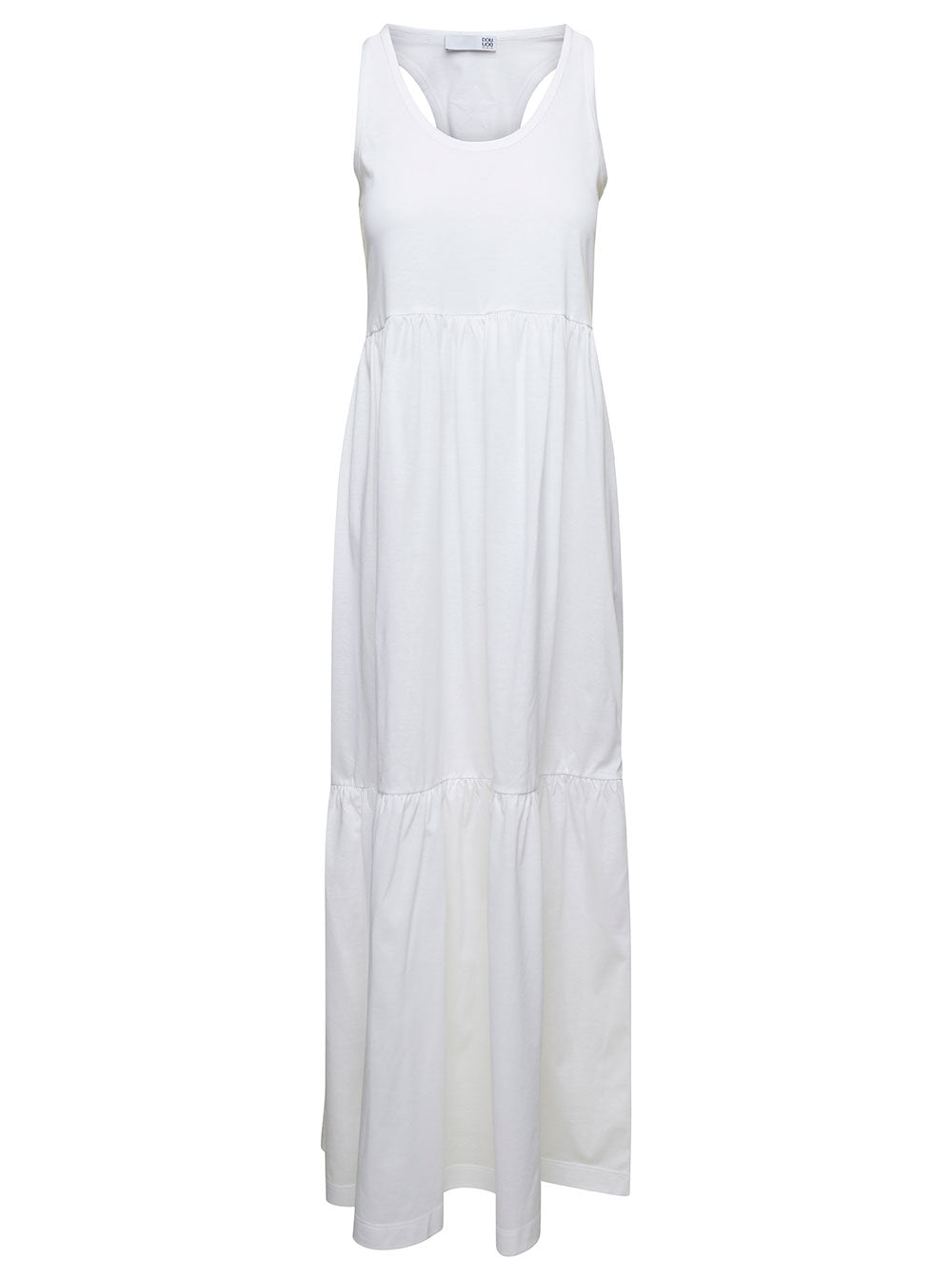 Long White Sleeveless Dress With Flounced Skirt Cotton Woman