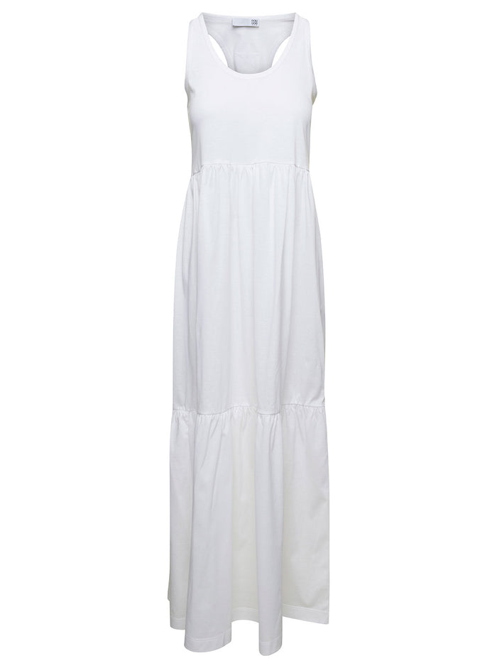 Long White Sleeveless Dress With Flounced Skirt Cotton Woman