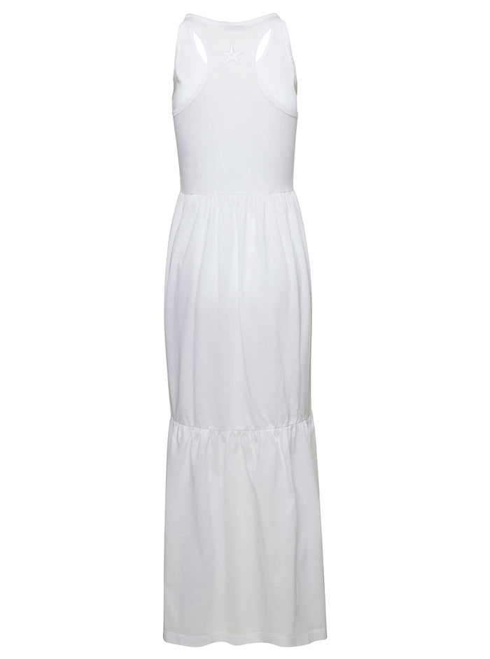 Long White Sleeveless Dress With Flounced Skirt Cotton Woman