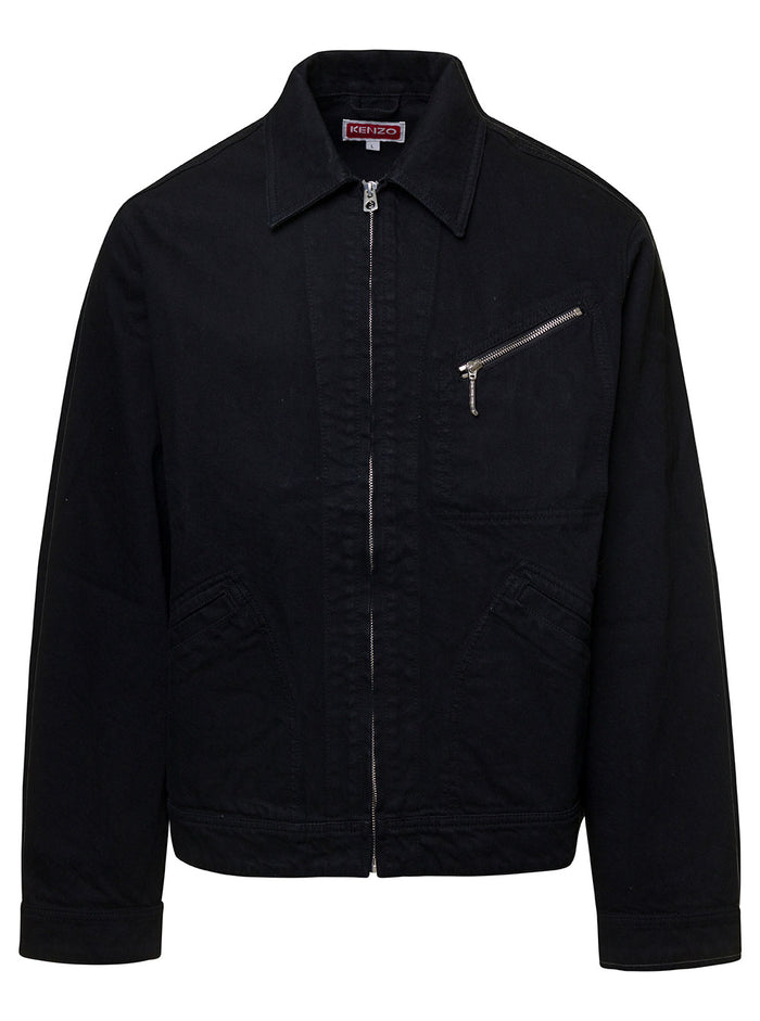 Black Zip-Up Jacket With Logo Patch Stretch Cotton Denim Man Elastan