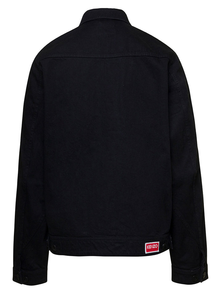 Black Zip-Up Jacket With Logo Patch Stretch Cotton Denim Man Elastan