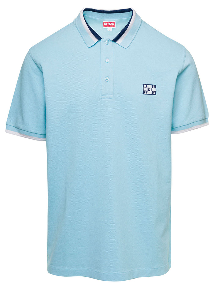 Llight Blue Polo Shirt With Logo Embroidey To The Chest Piquet Man Kenzo Light Cotton Tshirts And