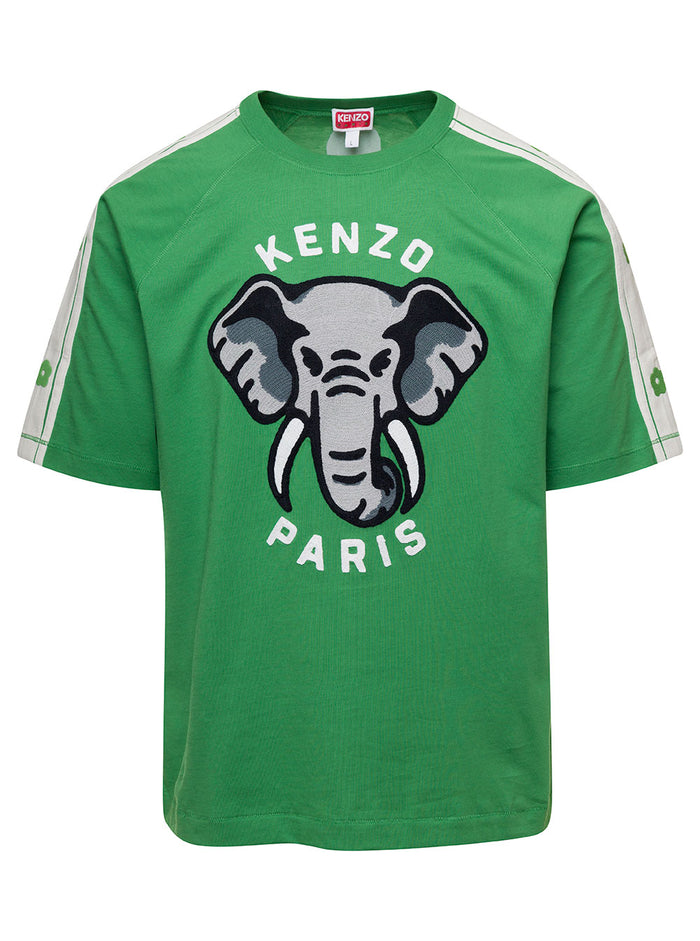 Green Crewneck T-Shirt With Elephant And Logo Print Cotton Man Tshirts Polo Shirts