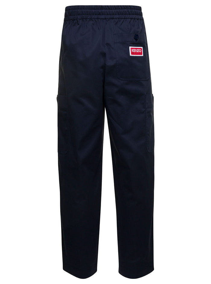 Blue Cargo Pants With Drawstring And Logo Patch Cotton Woman Blu Trousers