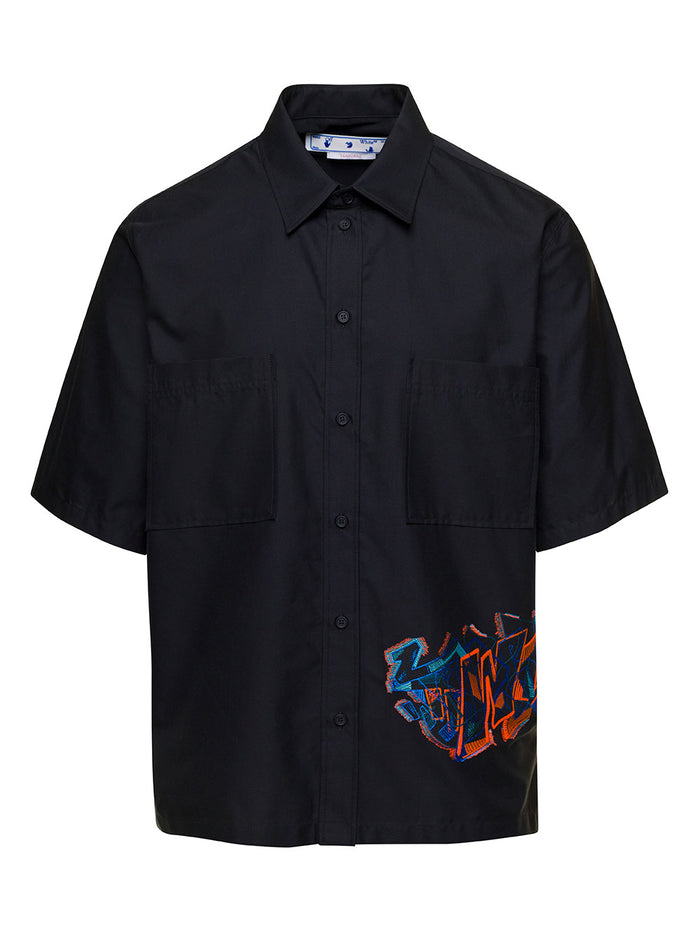 Black Short Sleeved Shirt With Multicolor Graffiti Embroidery Cotton Blend Man Polyester Acetate And Blouses