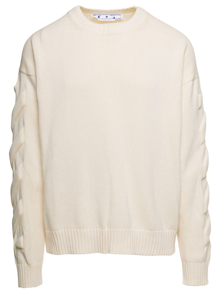 White Crewneck Sweater With Diag Motif Cotton Man Beige Polyamide Elastane Jersey