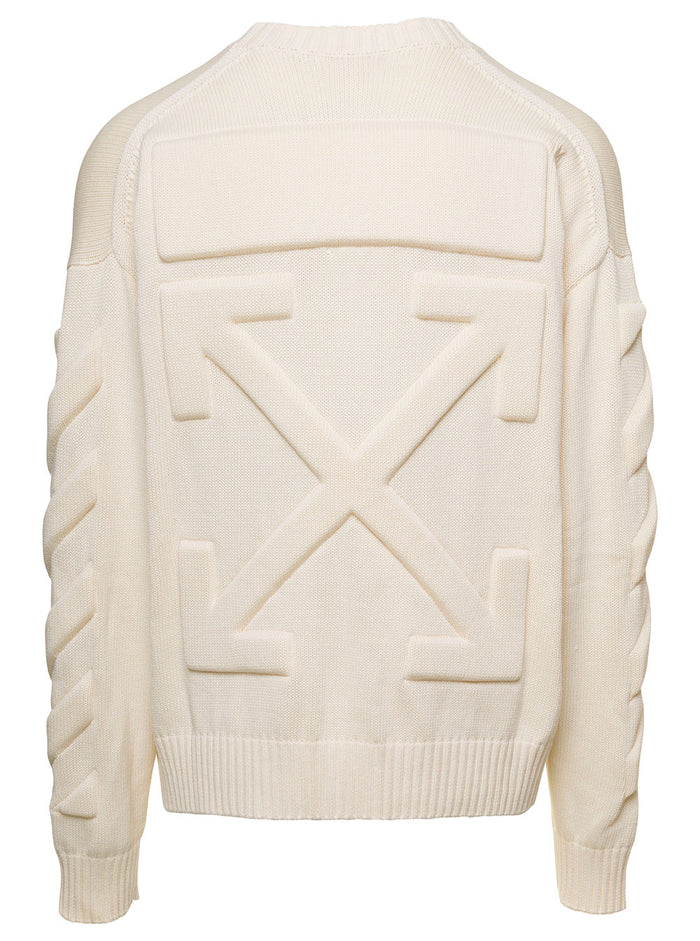 White Crewneck Sweater With Diag Motif Cotton Man Beige Polyamide Elastane Jersey