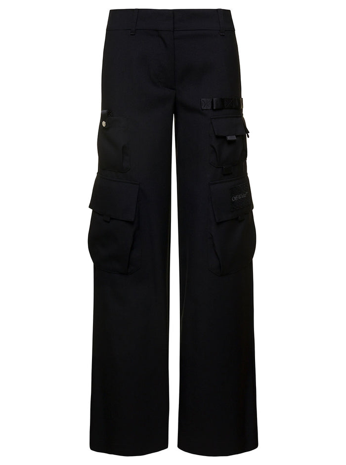 Black Cargo Pants With Tonal Logo Embroidery Wool Woman Virgin Trousers