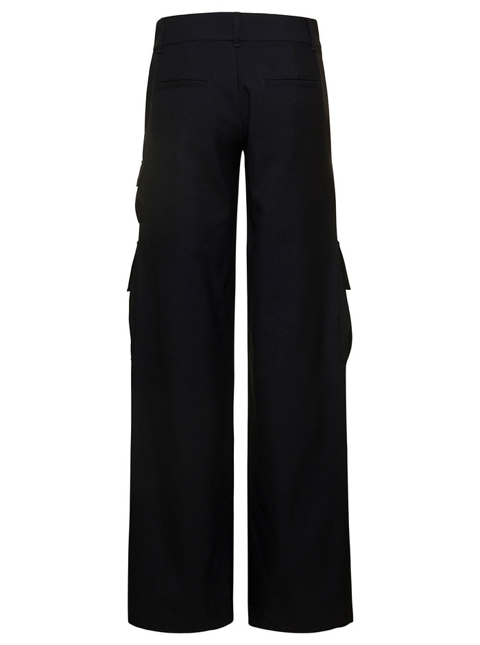 Black Cargo Pants With Tonal Logo Embroidery Wool Woman Virgin Trousers