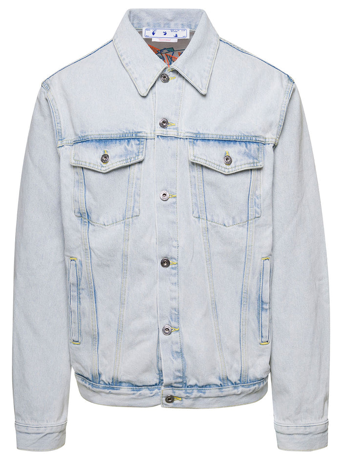 Light Blue Jacket With Multicolor Graffiti Embroidery Cotton Denim Man