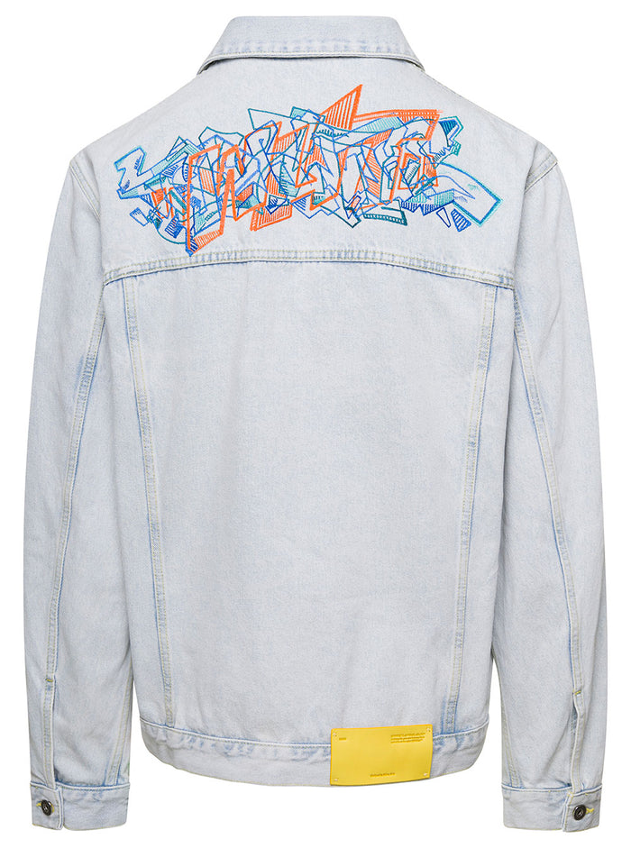 Light Blue Jacket With Multicolor Graffiti Embroidery Cotton Denim Man