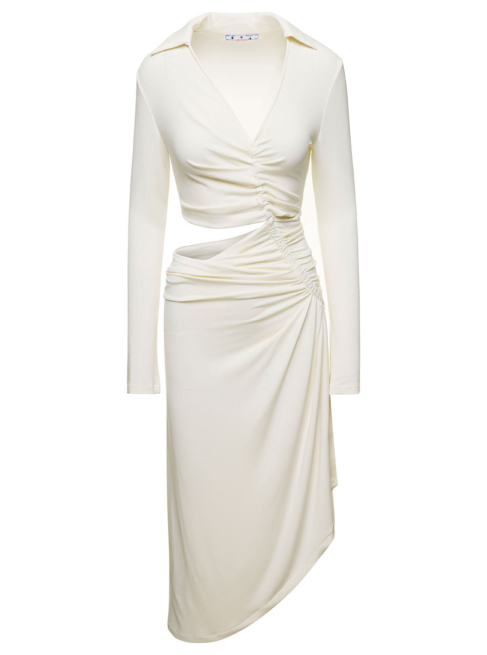 Midi White Dress With Cut And Gathering Details Viscose Stretch Woman Elastane Long