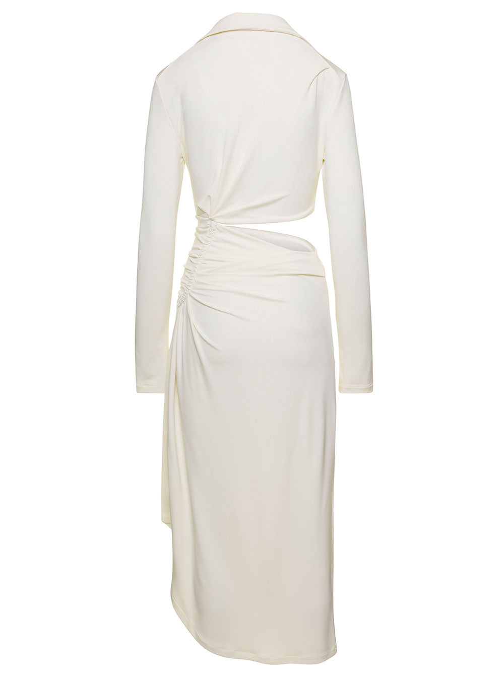 Midi White Dress With Cut And Gathering Details Viscose Stretch Woman Elastane Long