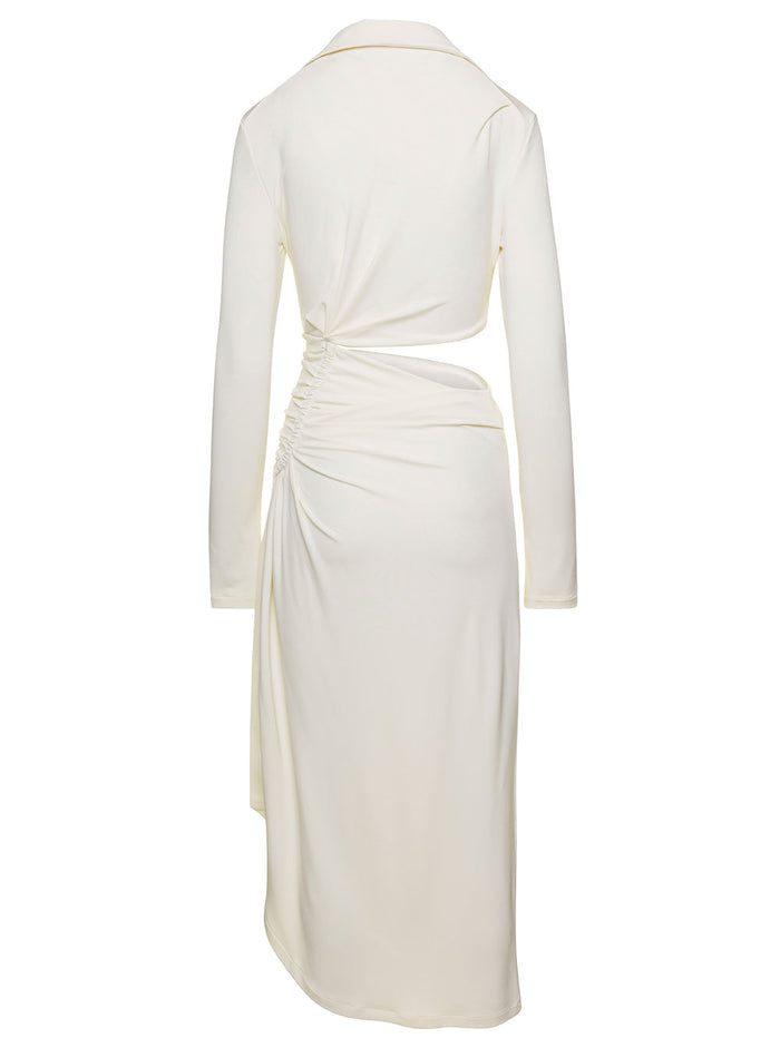 Midi White Dress With Cut And Gathering Details Viscose Stretch Woman Elastane Long