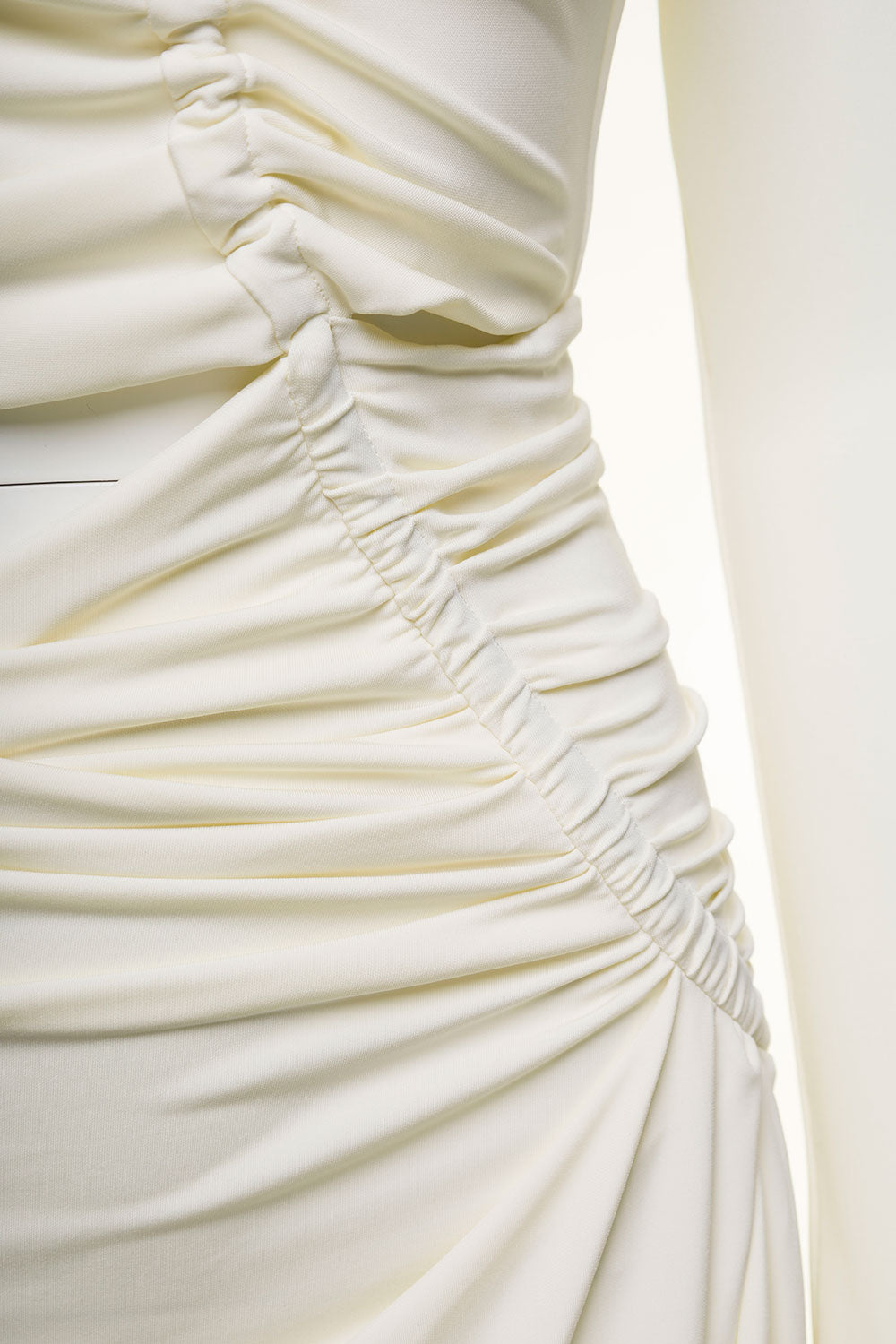 Midi White Dress With Cut And Gathering Details Viscose Stretch Woman Elastane Long