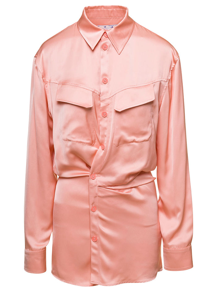 Mini Pink Asymmetric Shirt Dress Satin Viscose Woman