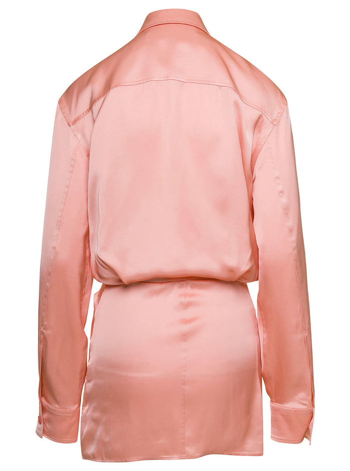Mini Pink Asymmetric Shirt Dress Satin Viscose Woman