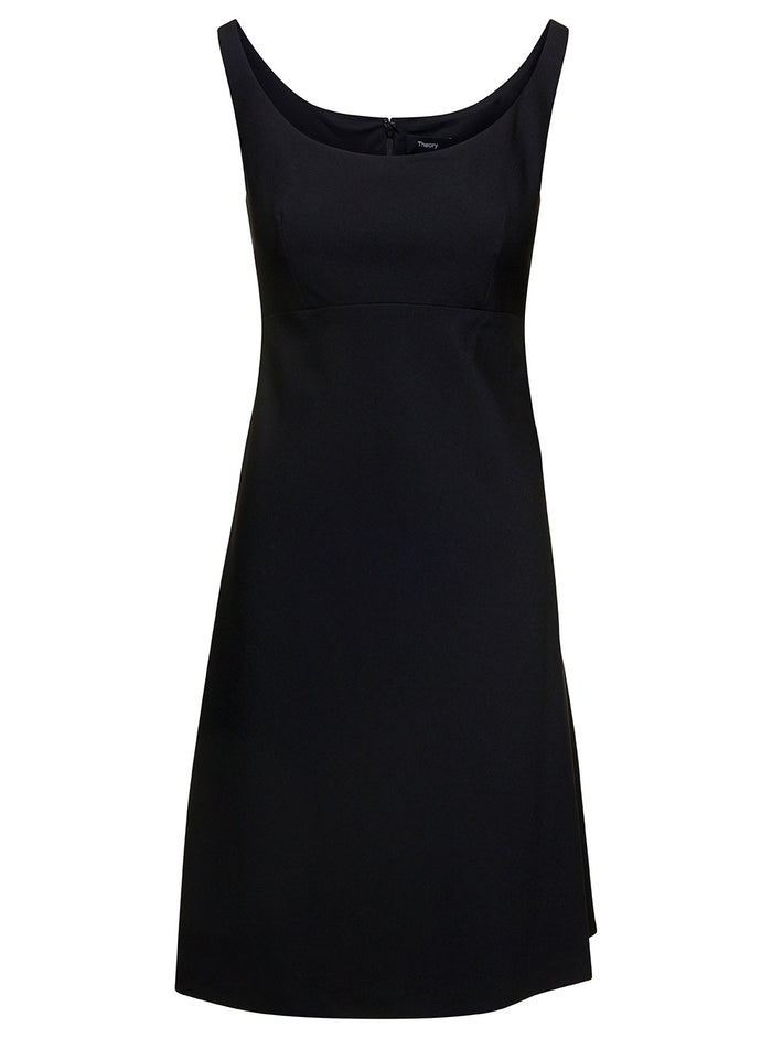 Mini Black Flared Dress With U Neckline Wool Blend Woman Polyester Spandex