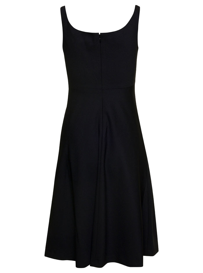Mini Black Flared Dress With U Neckline Wool Blend Woman Polyester Spandex
