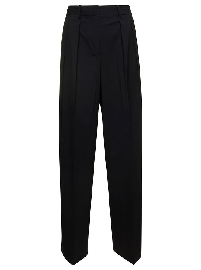 Black Palazzo Pants With Double Pleat Wool Blend Woman Virgin Lycra Trousers