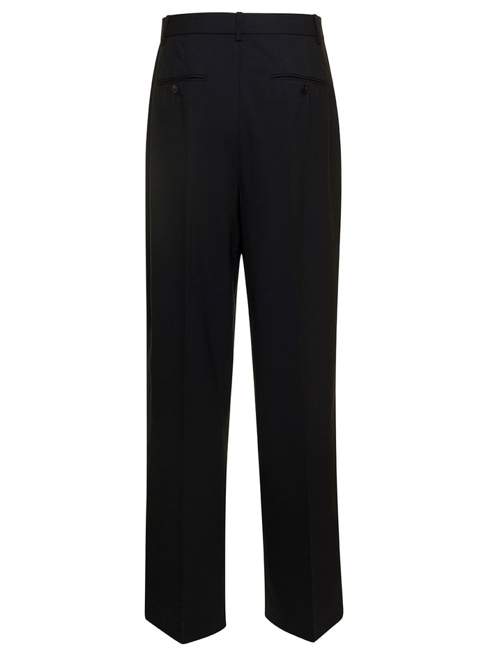 Black Palazzo Pants With Double Pleat Wool Blend Woman Virgin Lycra Trousers