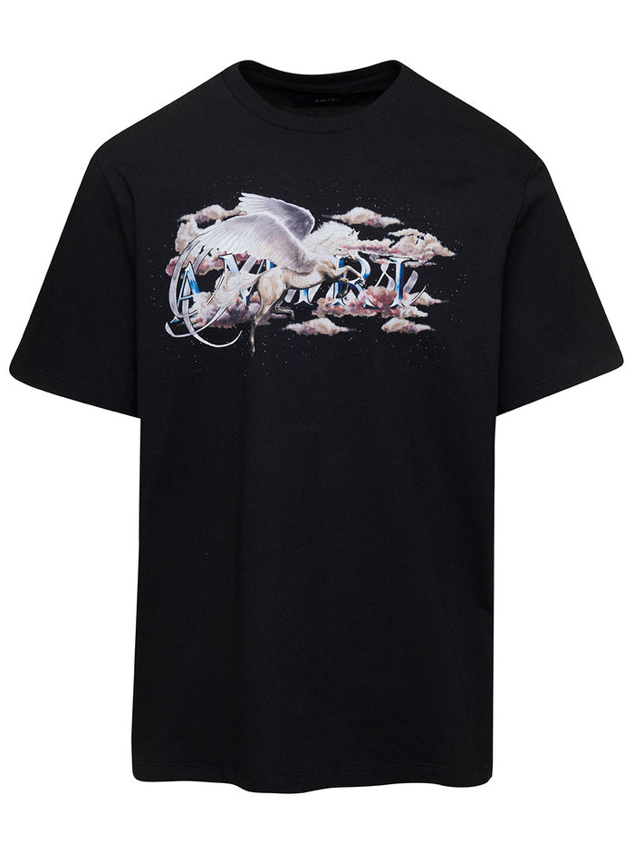 Black Crewneck T-Shirt With Pegaso And Logo Print Cotton Man Tshirts Polo Shirts