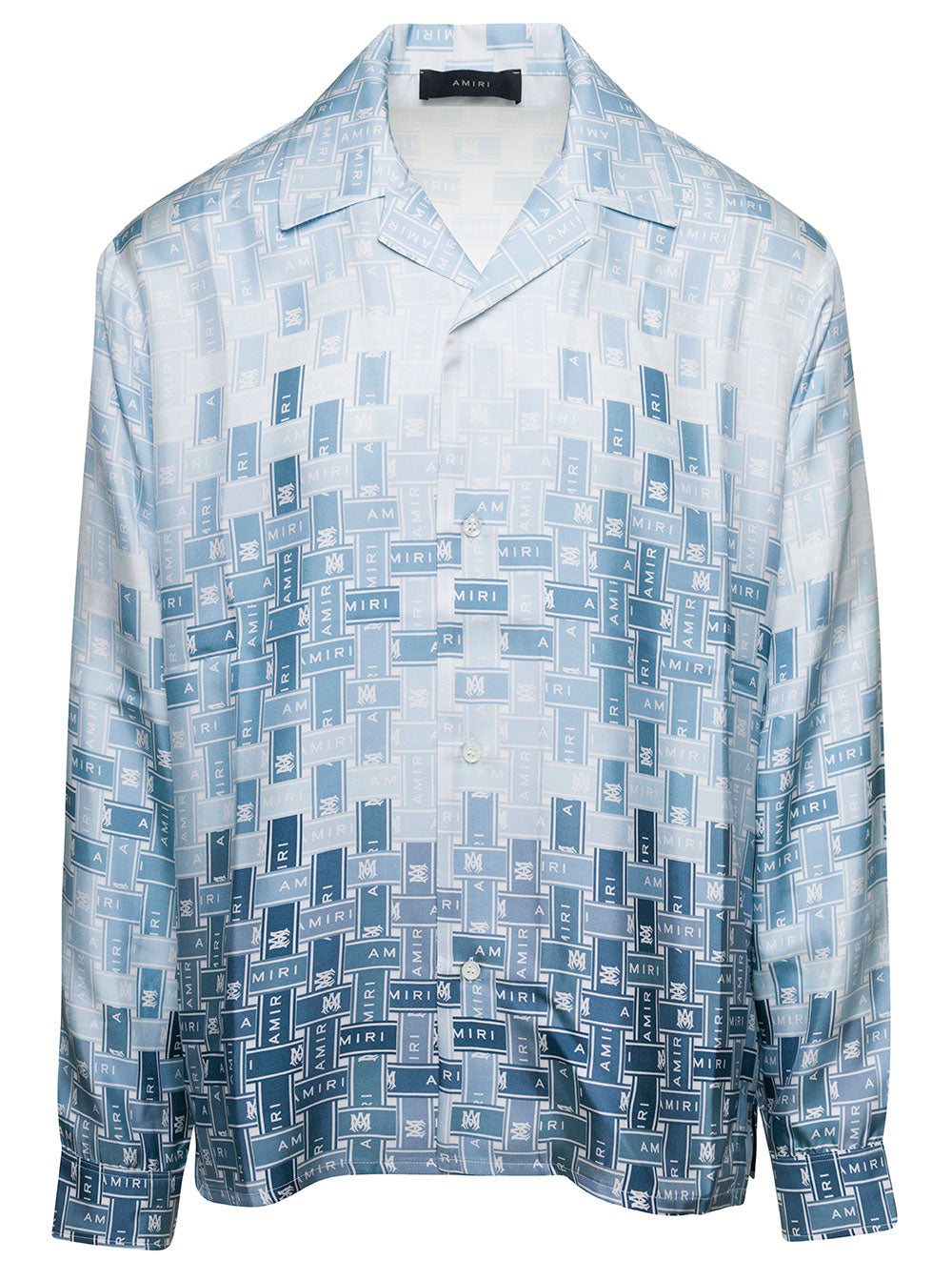 Light Blue Shirt With Cuban Collar And Graphic Print Silk Man Blouses