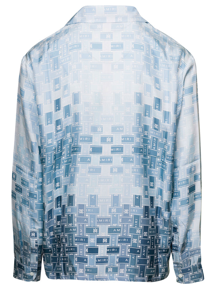 Light Blue Shirt With Cuban Collar And Graphic Print Silk Man Blouses