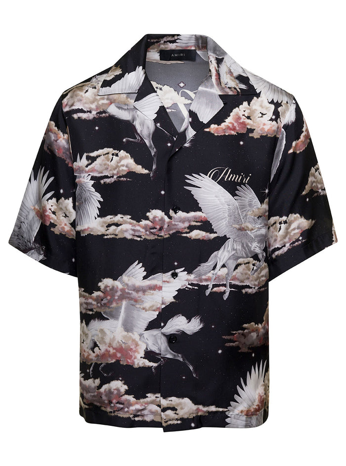 Black Bowling Shirt With Pegaso And Logo Print Silk Man Blouses