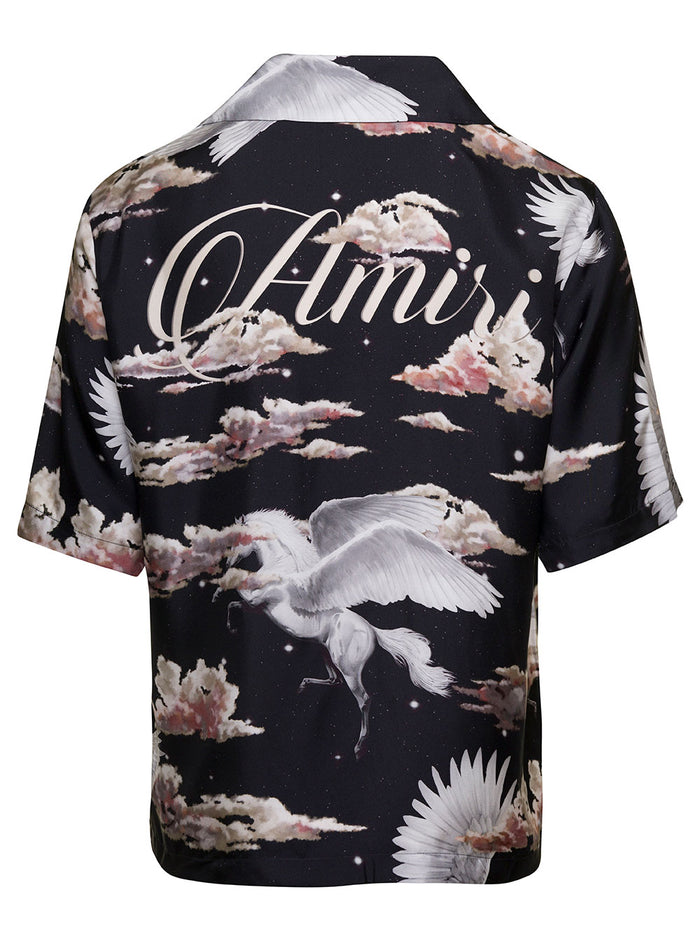 Black Bowling Shirt With Pegaso And Logo Print Silk Man Blouses