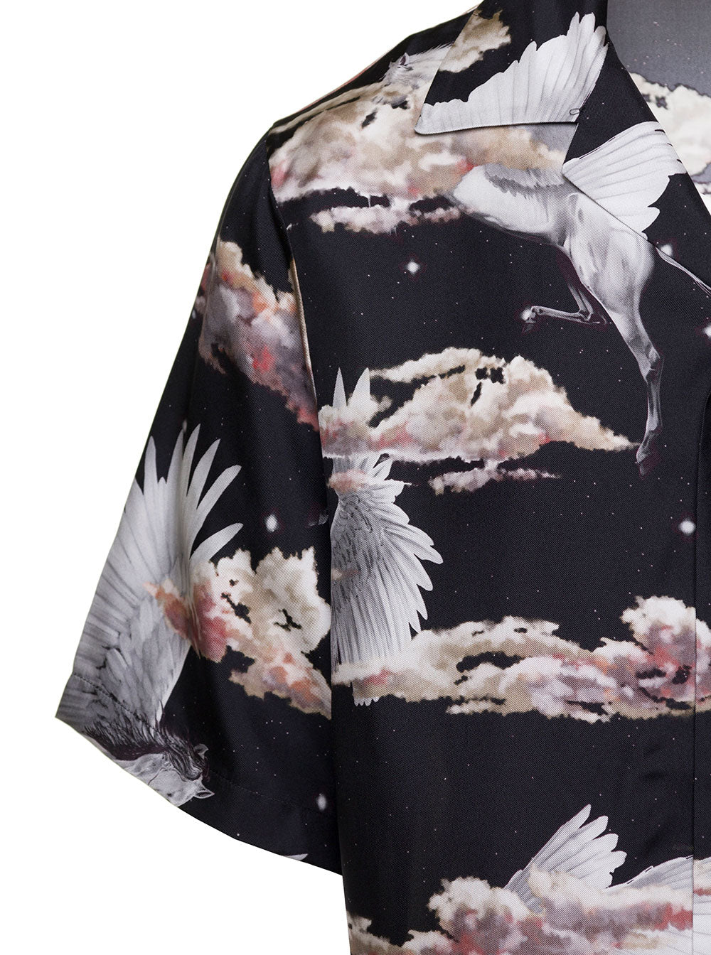 Black Bowling Shirt With Pegaso And Logo Print Silk Man Blouses