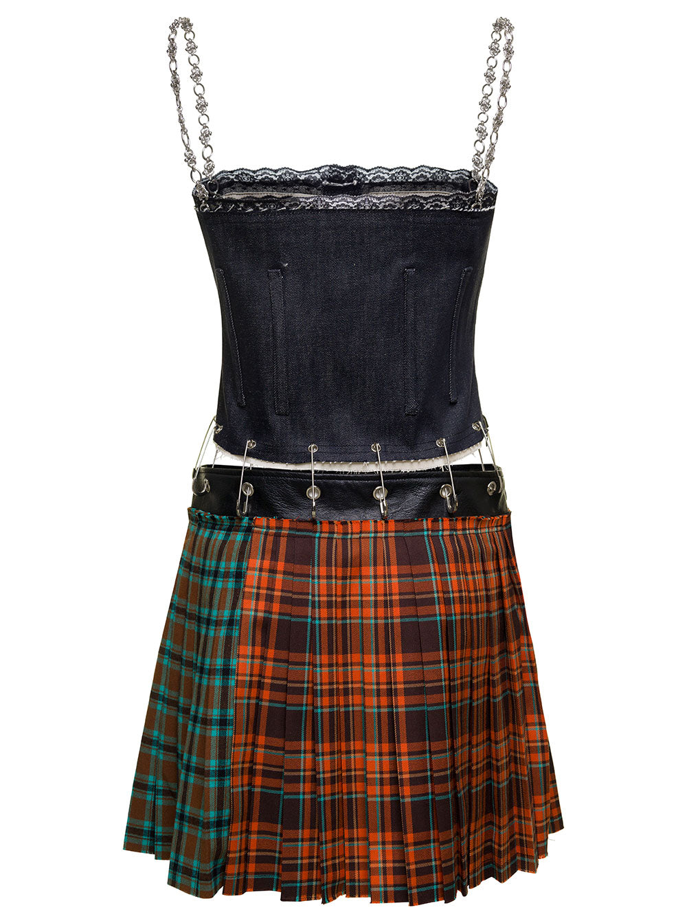 3 Way Chain Multicolor Mini Dress With Maxi Safety Pin And Check Motif Cotton Woman