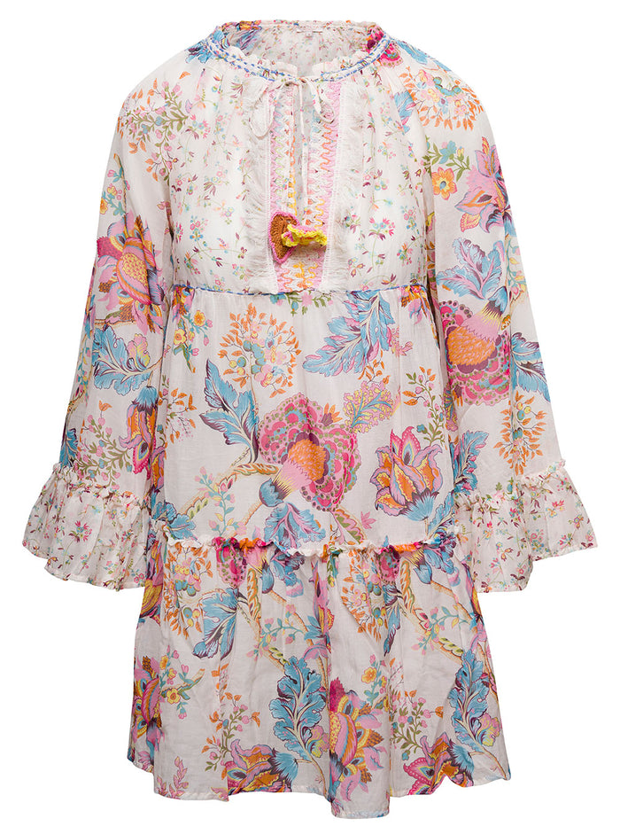 Mini Multicolor Dress With Drawstring And All-Over Graphic Print Cotton Silk Woman Beachwear