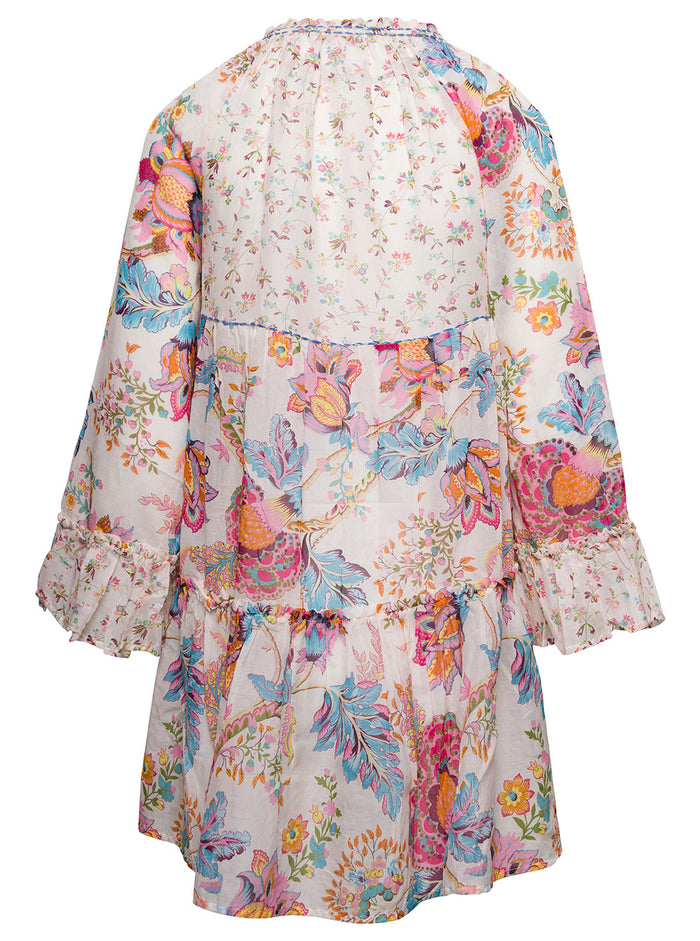 Mini Multicolor Dress With Drawstring And All-Over Graphic Print Cotton Silk Woman Beachwear