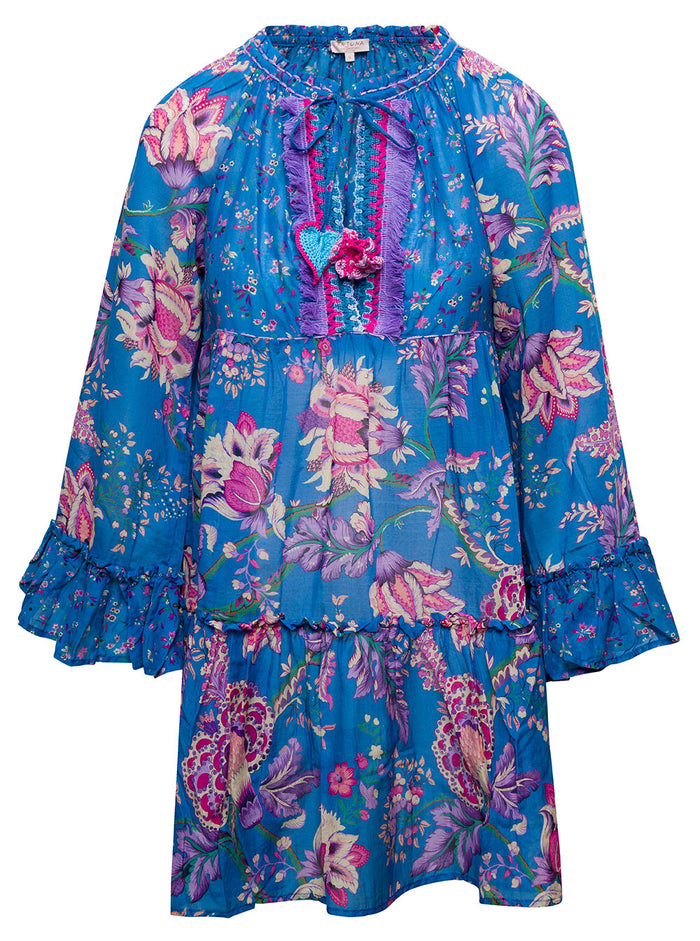 Mini Multicolor Dress With Drawstring And All-Over Graphic Print Cotton Silk Woman Beachwear