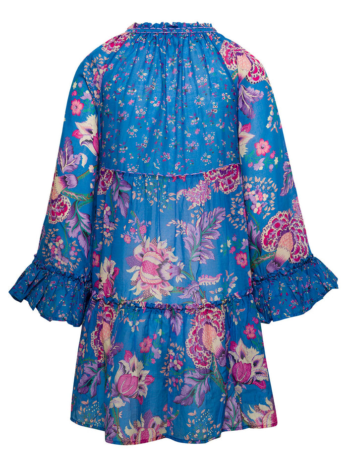 Mini Multicolor Dress With Drawstring And All-Over Graphic Print Cotton Silk Woman Beachwear
