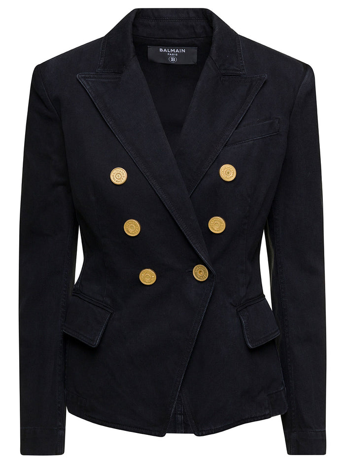 Black Double-Breasted Jacket With Gold-Colored Buttons Cotton Denim Woman Blazers