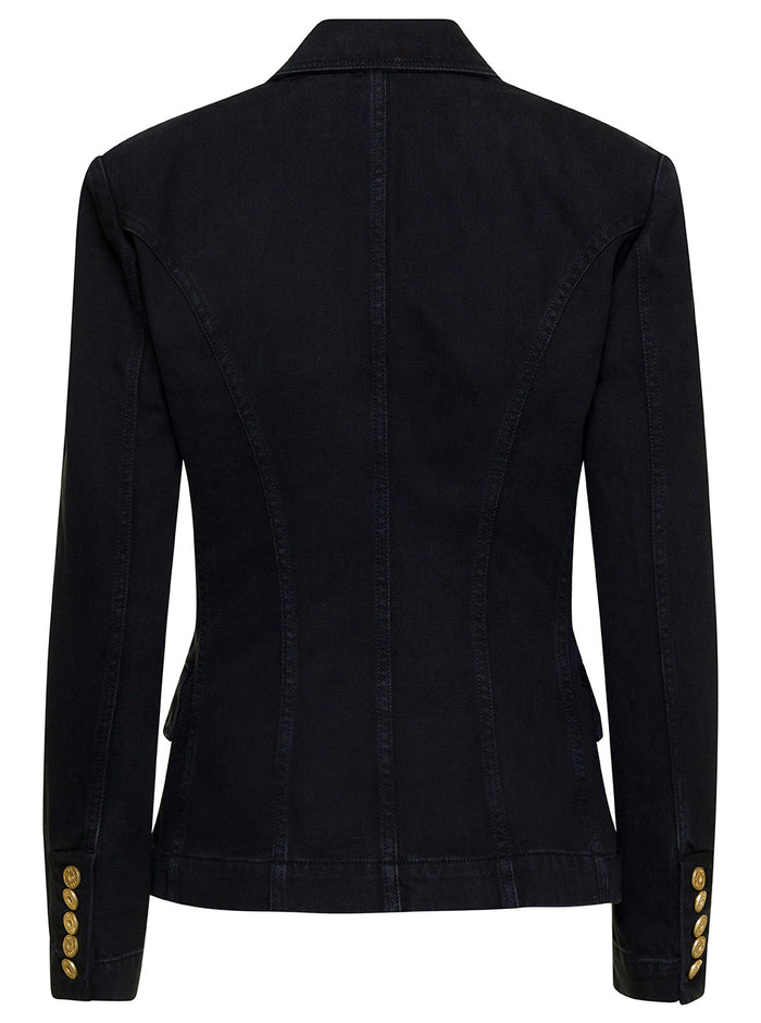 Black Double-Breasted Jacket With Gold-Colored Buttons Cotton Denim Woman Blazers