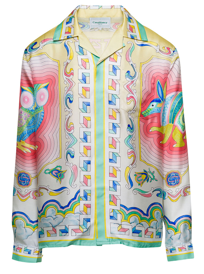Multicolor Cuban Collar Shirt With All-Over Graphic Print Silk Man And Blouses